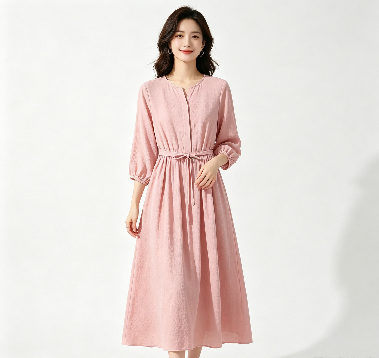 Pink Drawstring Midi Dress