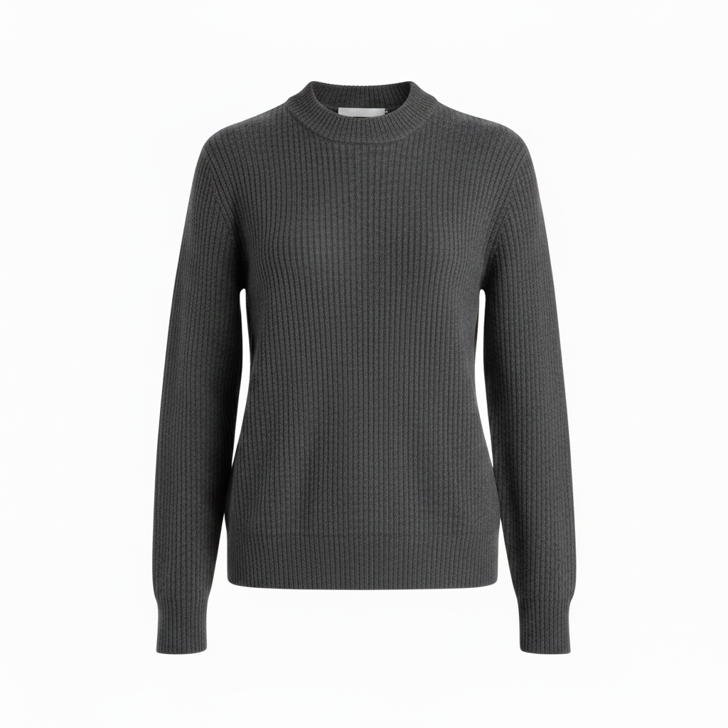Ribbed Knit Crewneck Sweater - Charcoal Grey