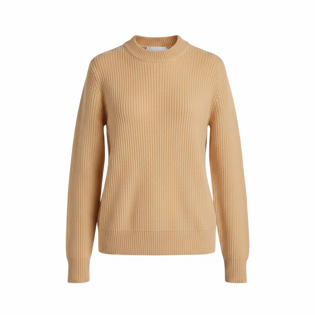 Ribbed Knit Crewneck Sweater - Camel Beige