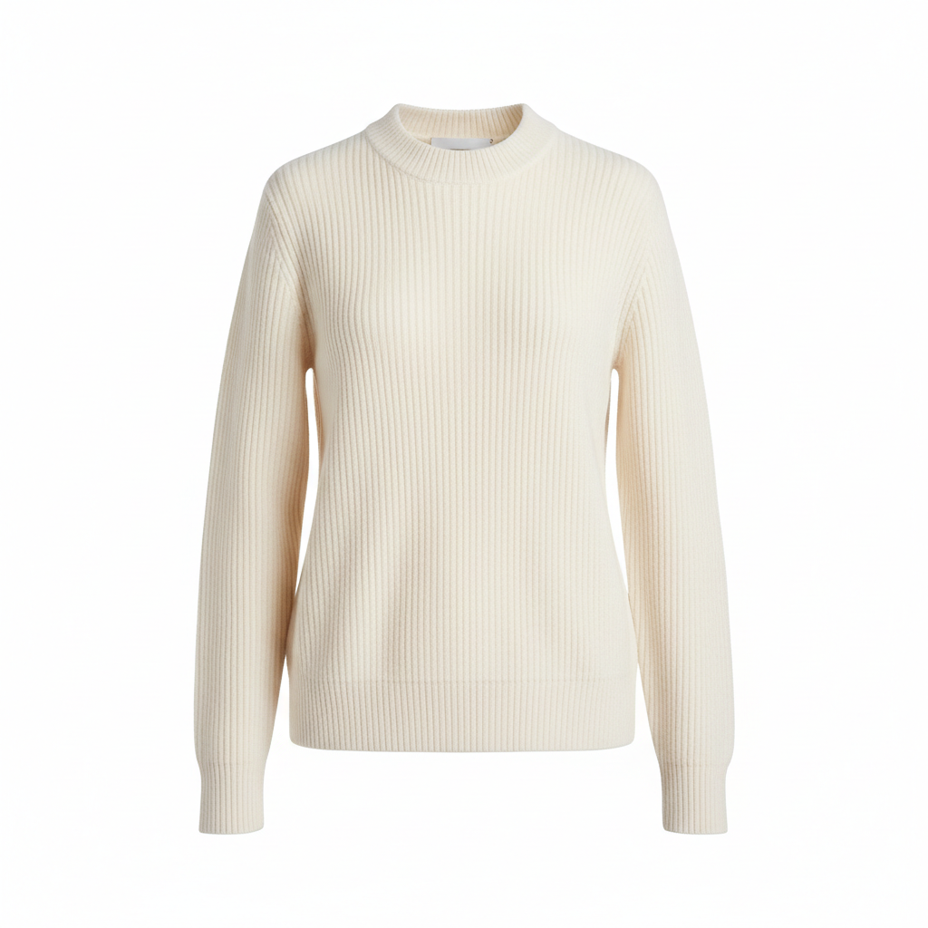 Ribbed Knit Crewneck Sweater - Cream White